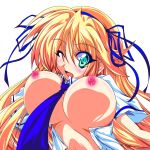 1girl areolae bad_id blonde_hair blue_necktie blush breasts covered_nipples dokugiri erect_nipples female green_eyes hair_ribbon katsuragi_(senran_kagura) large_breasts long_hair necktie nipples no_bra open_clothes open_shirt ribbon senran_kagura senran_kagura_(series) shirt simple_background solo white_background