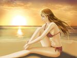 00s 1girl alluring beach bikini bleach inoue_orihime legs long_hair orange_hair side-tie_bikini_bottom sitting sunset swimsuit