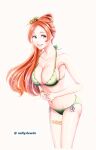  1girl :d alluring bangs big_breasts bikini bleach bracelet breasts cleavage collarbone floating_hair flower green_bikini grey_eyes hair_flower hair_ornament halterneck high_res inoue_orihime jewelry long_hair looking_at_viewer navel nellyslewds open_mouth orange_hair parted_bangs ponytail ribbon shiny shiny_hair side-tie_bikini_bottom simple_background smile standing swimsuit thighlet twitter_username very_long_hair white_background white_ribbon yellow_flower 