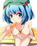 1girl bad_id bikini bikini_bottom blue_eyes blue_hair blush breasts female food hair_bobbles hair_ornament hat highres jewelry kawashiro_nitori key looking_at_viewer mouth_hold navel nipples open_mouth pendant popsicle sexually_suggestive short_hair side-tie_bikini solo_focus swimsuit topless touhou twintails two_side_up white_bikini white_swimsuit yoshimo