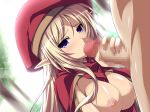 1girl alleyne alleyne_(queen's_blade) beret blonde_hair blush breasts cape censored cum elf fellatio female hat hetero katami_shinta large_breasts long_hair mosaic_censoring oral penis pointy_ears purple_eyes queen's_blade queen's_blade solo solo_focus