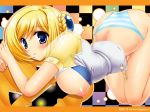 1girl banpresto blonde_hair blouse blue_eyes blue_panties blush bottomless breasts breasts_outside dated female hair_bun jack-o'-lantern melua_melna_meia nipples no_pants panties pumpkin shigemiya_kyouhei sideboob solo striped striped_panties super_robot_wars super_robot_wars_judgement thigh_gap thighs top-down_bottom-up underwear wallpaper