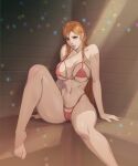 1girl alluring arttoru athletic_female bare_legs big_breasts bikini bleach female_abs female_only fit_female inoue_orihime legs_apart orange_hair red_bikini swimsuit thick_thighs thong_bikini