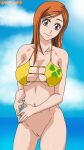 1girl alluring bald_pussy bare_legs beach belly_button bellybutton big_breasts bikini bikini_top_only bleach bottomless darkuro_27 hairless_pussy inoue_orihime kurosaki_orihime naked_from_the_waist_down navel ocean orange_hair orihime_inoue orihime_kurosaki posing pussy red_hair redhead sea shaved_pussy skinny