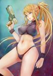 1girl alternate_costume black_panties blonde blonde_hair blue_eyes breasts covered_nipples erect_nipples female gun halter_top halterneck handgun highleg highleg_panties highres large_breasts long_hair metroid navel nintendo non-nude panties parted_lips ponytail samus_aran scrunchie sideboob solo super_metroid taishi_(artist) tank_top underwear underwear_only weapon wristband