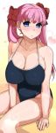  1girl bad_id blue_eyes blush breasts cleavage erect_nipples female hair_ribbon haramura_nodoka huge_breasts long_hair one-piece_swimsuit pink_hair ribbon rkrk saki_(series) saki_achiga-hen solo swimsuit 