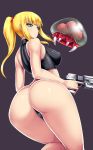  1girl ass black_panties blonde_hair blush breasts female green_eyes gun handgun ishimiso_(ishimura) ishimura_(ishimura-ya) large_breasts long_hair metroid metroid_(creature) miso_(misosiruoisi) panties ponytail samus_aran simple_background solo tank_top thong trigger_discipline underwear weapon 