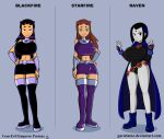 3_girls belt big_breasts blackfire boots breasts cloak dc_comics enormous_breasts garabatoz huge_breasts leotard raven_(dc) skirt starfire superheroine teen_titans thigh_high_boots