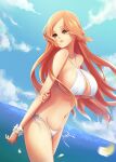  1girl 1girl 57_(lme_piggy117) alluring arm_behind_back bare_shoulders big_breasts big_breasts bikini bleach blue_sky bracelet breasts brown_eyes clavicle cleavage cleavage_cutout clouds collarbone cute cutout female_only flower_petals inoue_orihime long_hair looking_away midriff navel ocean orange_hair parted_lips side-tie_bikini smile swimsuit walking water 