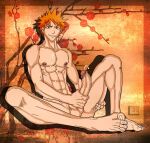 1boy 1girl abs athletic_male bare_legs barefoot bleach completely_nude_male cum cum_on_body cum_on_chest cum_on_upper_body ejaculation feet fit_male gninrom grin ichigo_kurosaki kurosaki_ichigo large_penis male male_only masturbation nude orange_hair penis sitting smile spiked_hair uncensored