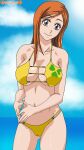 1girl alluring beach big_breasts bikini bleach darkuro_27 inoue_orihime kurosaki_orihime ocean orange_hair posing sea