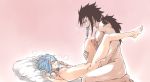 1boy 1girl barefoot black_hair blue_hair blush breasts breath closed_eyes couple fairy_tail female from_side gajeel_redfox hair happy_sex hetero levy_mcgarden missionary nipples nude petite piercing pillow rusky sex small_breasts smile sweat tattoo vaginal