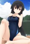  10s 1girl 1girl akame_(akame_ga_kill!) akame_ga_kill! alluring alternate_costume bare_legs bikini black_hair blurry blush breasts chain-link_fence cloud competition_swimsuit covered_navel day depth_of_field fence fuuma_nagi hair_between_eyes hands_on_own_chest long_hair looking_at_viewer medium_breasts one-piece_swimsuit red_eyes sitting sky swimsuit very_long_hair 