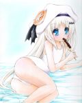  1girl blue_eyes chibinon chocolate_banana female hat little_busters! long_hair lying noumi_kudryavka on_side school_swimsuit sexually_suggestive silver_hair swimsuit white_school_swimsuit white_swimsuit 