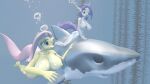  2girls 3d anthro barefoot belly_button big_breasts breasts bubble daemont92 feet fluttershy fluttershy_(mlp) friendship_is_magic great_white_shark hasbro holding_breath my_little_pony nipples nude ocean questionable rarity rarity_(mlp) shark skinny_dipping source_filmmaker swimming underwater water wet 