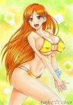 1girl :d alluring artist_name bad_id bad_pixiv_id big_breasts bikini bleach blush breasts brown_eyes brown_hair covered_erect_nipples female_focus inoue_orihime kurosaki_orihime marker_(medium) navel open_mouth orange_hair pastel_(medium) smile swimsuit takecha traditional_media yellow_bikini