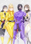  4girls alluring avataro_sentai_donbrothers big_breasts black_hair blonde_hair blue_eyes bodysuit brown_hair face_mask haruka_kito heterochromia himeno_ran kanisuka_rita kito_haruka mask multiple_girls no_headwear ohsama_sentai_king-ohger otokam1117 pin_up ran_himeno sononi sononi_(donbrothers) super_sentai weapons yellow_eyes 