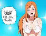 1girl alluring big_breasts bikini bleach blue_background female_focus female_only inoue_orihime long_hair orange_hair orihime_inoue solo_female solo_focus studio_oppai text