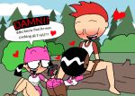  1boy 2_girls 2girls black_hair blush boots bottomless brad_carbunkle brit_crust closed_eyes fellatio hair hat headgear heart montatora-501 multiple_girls my_life_as_a_teenage_robot oral red_hair short_hair shorts smile tiff_crust woods 