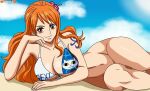 1girl alluring bare_legs beach big_breasts bikini bikini_top bikini_top_only darkuro_27 naked_from_the_waist_down nami nami_(one_piece) on_beach on_sand one_piece orange_eyes orange_hair pussy tattoo