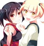 2girls black_hair blonde_hair breasts furisode_girl_(pokemon) furisode_girl_karen furisode_girl_kirika hair_bun happy humans_of_pokemon multiple_girls nintendo npc_trainer pokemon pokemon_(game) pokemon_xy red_eyes sideboob smile teeth tongue twintails yellow_eyes z.nov