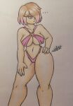  1girl bete_noire betty_noire big_ass big_breasts breasts brown_hair doodle drawing female_only glitchtale hand_on_hip light_skin looking_away not_paint pink_bra pink_eyes pink_hair pink_panties short_hair sketch sling_bikini swimsuit traditional_media_(artwork) undertale_au 