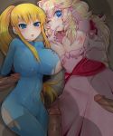  2girls blonde_hair blue_eyes blush bodysuit breasts cameltoe collaboration crossover dress elbow_gloves erect_nipples finger_to_mouth gloves imminent_rape large_breasts long_hair mario_(series) metroid multiple_girls multiple_penises nintendo nipples ojichan_(asibue765) one_eye_closed penis pink_dress ponytail princess_peach samus_aran skin_tight smile super_mario_bros. super_smash_bros. torn_clothes uncensored wink yukimimi zero_suit 