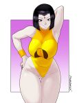  1girl arm_behind_head bare_shoulders big_breasts black_nails cartoon_network ctankomega dc female hand_on_hip lady_legasus leaning_forward leotard leotard_aside pale_skin pubic_hair purple_eyes purple_hair rachel_roth raven_(dc) short_hair smile solo standing teen_titans teen_titans_go wide_hips wristband yellow_leotard young_adult 