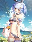 1girl 1girl absurd_res ama_rei animal_ear_fluff animal_ears ass bikini blue_hair blush breasts butt_crack carrot_hair_ornament detached_collar fake_animal_ears food-themed_hair_ornament frilled_bikini frills hair_ornament high_res hololive looking_at_viewer medium_breasts multicolored_hair nail_polish nousagi_(usada_pekora) open_mouth outside rabbit_ears rabbit_girl sweat swimsuit thick_eyebrows thigh_strap thighs twisted_torso usada_pekora virtual_youtuber white_hair