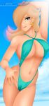  1girl 2023 alluring beach big_breasts bikini blonde_hair blue_bikini blue_nail_polish blue_nails blue_sky breasts cleavage cloud clouds female_only light-skinned_female light_skin mario_(series) mario_kart_8 nidavellirstudios nintendo one_eye_closed outside princess_rosalina rosalina skimpy skimpy_bikini sky solo_female standing super_mario_bros. super_mario_galaxy swimsuit thighs yellow_hair 