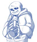 1boy animated_skeleton clothed clothing dinkynsfw exposed hooded_jacket hoodie jacket male male_only monster nervous pants sans sans_(undertale) shirt_up skeleton solo_male sweat undead undertale undertale_(series)