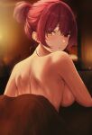 1girl back bare_shoulders bed_sheet big_breasts breasts female_only hair_bun haro_art heterochromia hololive houshou_marine indoors irl looking_at_viewer looking_back naked_sheet nude parted_lips red_eyes red_hair sideboob solo_female sweat upper_body virtual_youtuber yellow_eyes