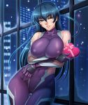 00s 1girl 1girl bare_shoulders big_breasts black_hair bodysuit breasts chocolate curvy female_focus gauntlets gift green_eyes heart high_res igawa_asagi kagami_hirotaka lilith-soft long_hair looking_at_viewer night seductive_smile skin_tight smile taimanin_(series) taimanin_asagi taimanin_asagi_kessen_arena valentine wide_hips