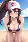  1girl alluring beach big_breasts bikini black_bikini blue_eyes breasts brown_hair cleavage game_freak hay hilda hilda_(pokemon) light-skinned_female light_skin long_hair nintendo outside pokemon pokemon_bw ponytail slim_waist smile thick_thighs thighs touko_(pokemon) wide_hips zengai 