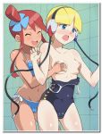  2_girls 2girls :d ^_^ art bad_id bad_pixiv_id bikini blonde_hair blue_eyes blush breast_grab breasts cameltoe closed_eyes elesa_(pokemon) female fuuro_(pokemon) game_freak grabbing gym_leader headphones humans_of_pokemon kamitsure_(pokemon) medium_breasts moaning momogesomaru multiple_girls navel nintendo nipples one-piece_swimsuit open_mouth photoshop_(medium) pokemon pokemon_(anime) pokemon_(game) pokemon_black_2_&amp;_white_2 pokemon_black_and_white pokemon_bw pokemon_bw2 red_hair shy side-tie_bikini skyla_(pokemon) smile standing swimsuit yuri 