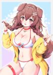 1girl absurd_res adapted_costume animal_collar animal_ears big_breasts bikini bone_hair_ornament braid breasts brown_eyes brown_hair cleavage collar cowboy_shot dog_ears dog_girl dog_tail hair_between_eyes hair_ornament hairclip high_res holding holding_hair hololive inugami_korone inugami_korone_(1st_costume) isakoro_(hx9cj) jacket long_hair low_twin_braids low_twintails red_collar side_braids sidelocks smile swimsuit tail thigh_strap twin_braids twin_tails virtual_youtuber white_bikini yellow_jacket