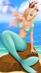  1girl alluring beach blonde_hair blue_sky breasts female_only hair_over_one_eye mario_(series) mario_kart_8 mermaid nidavellirstudios nintendo ocean princess_rosalina rosalina seashell_bra super_mario_bros. super_mario_galaxy 