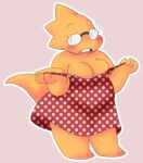  1girl 2020s 2022 adorable alphys alternate_costume anthro anthro_only aruput aruput_ut big_breasts blush breasts chubby chubby_anthro chubby_female cleavage cute dinosaur dinosaur_girl dress embarrassed female_anthro female_only full_body glasses lizard lizard_girl lizard_tail monster monster_girl non-mammal_breasts pink_background polka_dot_clothing polka_dot_dress reptile reptile_girl reptile_tail scalie scalie_female simple_background solo_anthro solo_female standing sundress sweat sweatdrop sweating tail undertale undertale_(series) undressing yellow_body yellow_skin 