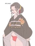 black_hair black_kimono femboy kibutsuji_muzan kimetsu_no_yaiba kimono kimono_lift lipstick long_hair muzan_kibutsuji nails red_eyes red_lipstick red_underwear underwear