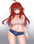 1girl ahoge bare_shoulders belly blue_eyes blush choker collarbone cutoffs gradient gradient_background hair hevn high_school_dxd huge_ahoge long_hair looking_at_viewer midriff navel nipples non-nude open_fly red_hair rias_gremory see-through shirt short_shorts shorts simple_background solo taut_clothes taut_shirt unzipped