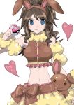 1girl animal_ears arm armband arms art babe bare_shoulders black_hair blue_eyes bow brown_hair buneary buneary_(cosplay) bunny_ears choker cosplay dated fake_animal_ears female hair halter_top heart holding holding_poke_ball hug hugging long_hair looking_at_viewer midriff navel neck nintendo pixiv_thumbnail poke_ball pokemon pokemon_(game) pokemon_black_and_white pokemon_bw ponytail resized ribbon simple_background smile touko_(pokemon) white_(pokemon) white_background wristband yukashi1030