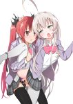  2girls ahoge anal black_legwear black_panties blush bow cthugha_(nyaruko-san) dildo green_eyes haiyore!_nyaruko-san long_hair multiple_girls namago nyarlathotep_(nyaruko-san) open_mouth panties panties_around_leg panties_around_one_leg plaid plaid_skirt pokemon red_eyes red_hair saliva school_uniform sex shiba_nanasei silver_hair skirt strap-on thighhighs twintails underwear white_legwear yuri 