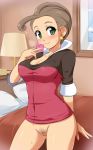 1girl bed blush bottomless breasts brown_hair cleavage condom_wrapper covered_nipples earrings erect_nipples green_eyes jewelry konpeto lamp large_breasts pansy_(pokemon) pillow pokemon pokemon_(game) pokemon_xy pubic_hair pussy smile solo sweat uncensored