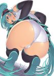 1girl aqua_eyes aqua_hair ass black_legwear cameltoe dairiseki detached_sleeves female_only hakaba_(dairiseki) headset long_hair miku_hatsune open_mouth panties solo_female twin_tails underwear very_long_hair vocaloid