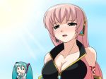 2_girls :3 =_= animated aqua_hair blue_eyes blush breasts cleavage eating female_only gif hachune_miku headphones headset heavy_breathing hot long_hair mameshiba megurine_luka miku_hatsune multiple_girls pink_hair popsicle sun sunlight sweat twin_tails vocaloid