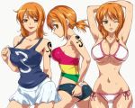 3_girls 3girls :p arm armpits arms arms_up art ass babe bare_shoulders big_breasts bikini black_panties bracelet breasts brown_eyes cleavage clothes_writing clothing_writing collarbone female hairu jewelry large_breasts looking_at_viewer looking_back low_twintails midriff multiple_girls multiple_persona nami nami_(one_piece) naughty_face navel neck one_piece orange_hair panties panty_pull pirate shirt_pull short_hair side-tie_bikini simple_background skirt smile standing strapless sweat sweating swimsuit tank_top tattoo tongue tubetop white_background white_bikini white_skirt white_swimsuit wink