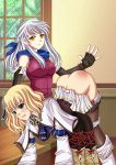  artemisumi ass blonde_hair clenched_teeth crossover fire_emblem fire_emblem:_akatsuki_no_megami highres micaiah_(fire_emblem) nintendo over_the_knee pantyhose pyrrha_alexandra radiant_dawn red_ass scarf soul_calibur soulcalibur_v spanked spanking tears teeth white_hair 