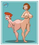 2girls ass ass_to_ass bent_over big_ass big_breasts black_eyes breasts brown_hair bubble_butt crossover danny_phantom dexter's_laboratory dexter's_mom erect_nipples hair looking_at_viewer looking_back madeline_fenton milf multiple_girls nipples nude orange_hair purple_eyes smile whargleblargle