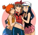 3_girls :d :o alternate_eye_color arm arms art babe bandana bandanna bare_arms bare_shoulders beanie bike_shorts black_dress blue_eyes blue_hair blush breast_grab breasts brown_eyes brown_hair camisole clenched_teeth dawn denim denim_shorts dress embarrassed eye_contact friends gloves grin gym_leader hair_ornament half_updo harem haruka_(pokemon) hat kakkii kasumi_(pokemon) long_hair looking_at_another love may midriff misty moaning multiple_girls mutual_yuri naughty_face navel neck nintendo open_mouth orange_hair pink_skirt pokemon pokemon_(anime) pokemon_(game) pokemon_dppt pokemon_frlg pokemon_rgby pokemon_rse pulling red_bandana red_bandanna red_shirt shirt short_hair shorts shy side_ponytail skirt sleeveless smile standing suspenders teeth threesome yuri