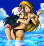  2_girls 2girls alluring arm arm_grab arms art ass babe back bare_back bare_legs bare_shoulders beanie bent_over bikini black_bikini black_swimsuit blonde blonde_hair blue_eyes blue_hair bracelet breast_press breasts cloud cynthia cynthia_(pokemon) dawn dawn_(pokemon) eye_contact female female_only fenril-huayra from_behind grey_eyes hair_ornament hair_over_one_eye happy hat hikari_(pokemon) hug hug_from_behind hugging leaning leaning_forward legs long_hair looking_at_another looking_back louis_black_78 love midriff multiple_girls nintendo one-piece_swimsuit open_mouth partially_submerged pokemon pokemon_(anime) pokemon_(game) pokemon_dppt shiny shiny_skin shirona_(pokemon) sky smile submerged swimsuit two-tone_swimsuit very_long_hair water wet yuri 